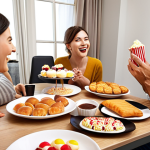 **A young professional celebrating a marketing management exam success with family. The scene includes celebratory food (sweets), supportive parents, and study materials in the background. Warm, joyful atmosphere.**