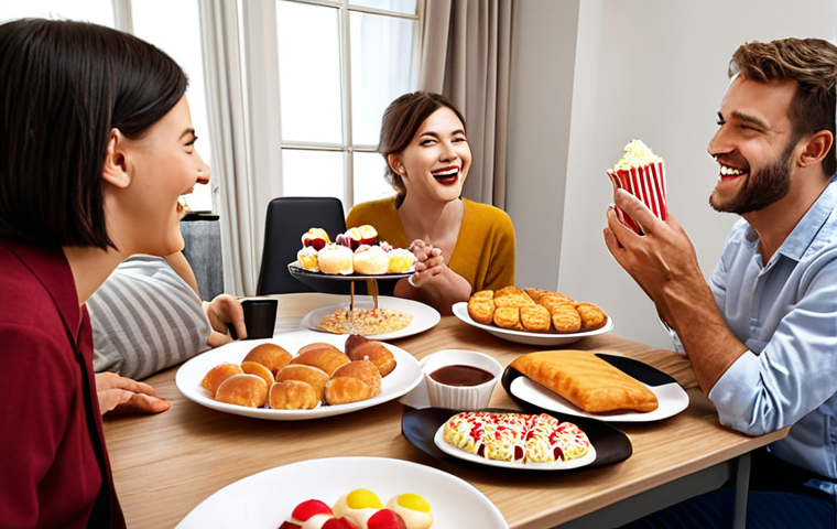 **A young professional celebrating a marketing management exam success with family. The scene includes celebratory food (sweets), supportive parents, and study materials in the background. Warm, joyful atmosphere.**
