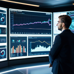 A focused professional marketing manager, male or female, in a modest business suit, standing in front of multiple large holographic screens displaying complex data visualizations, charts, and AI/ML algorithms, gesturing thoughtfully at the insights. The background is a futuristic, brightly lit tech office with clean lines and advanced workstations. High-resolution digital art, professional photography, cinematic lighting, fully clothed, appropriate attire, safe for work, professional, perfect anatomy, correct proportions, natural pose, well-formed hands, proper finger count, natural body proportions, appropriate content.