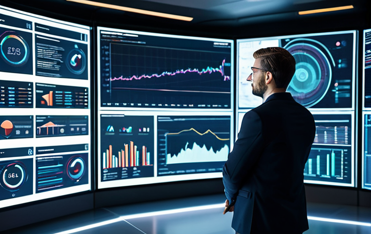 A focused professional marketing manager, male or female, in a modest business suit, standing in front of multiple large holographic screens displaying complex data visualizations, charts, and AI/ML algorithms, gesturing thoughtfully at the insights. The background is a futuristic, brightly lit tech office with clean lines and advanced workstations. High-resolution digital art, professional photography, cinematic lighting, fully clothed, appropriate attire, safe for work, professional, perfect anatomy, correct proportions, natural pose, well-formed hands, proper finger count, natural body proportions, appropriate content.