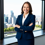 **

A professional businesswoman in a modest business suit, smiling confidently in a modern office setting with a large window overlooking a city skyline, fully clothed, appropriate attire, safe for work, perfect anatomy, natural proportions, professional photography, high quality, family-friendly.

**