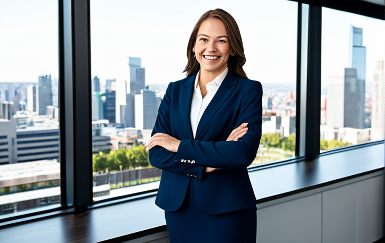 **
A professional businesswoman in a modest business suit, smiling confidently in a modern office setting with a large window overlooking a city skyline, fully clothed, appropriate attire, safe for work, perfect anatomy, natural proportions, professional photography, high quality, family-friendly.
**