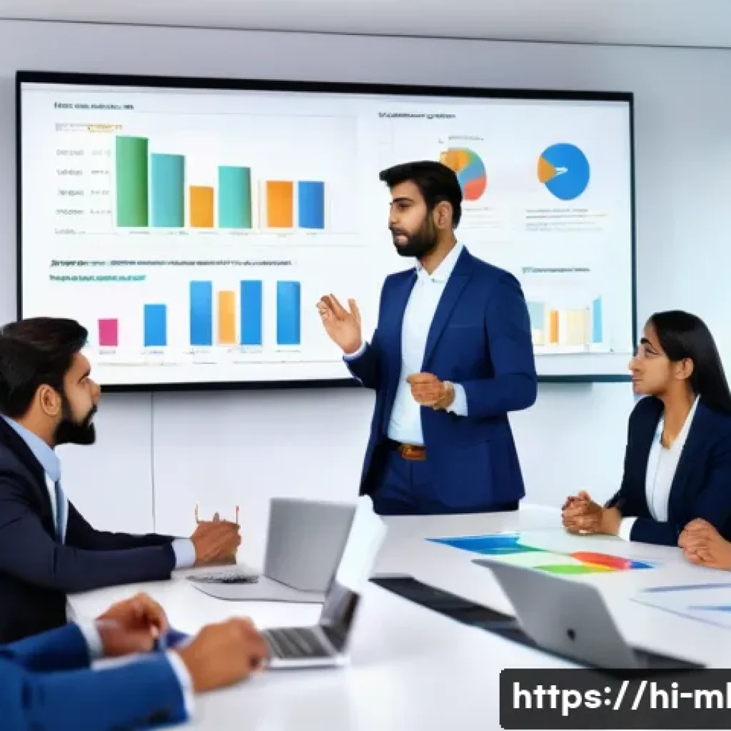 마케팅관리사 자격증 이직 활용법 - A professional Indian marketing manager in a modern office setting, confidently presenting a digital...