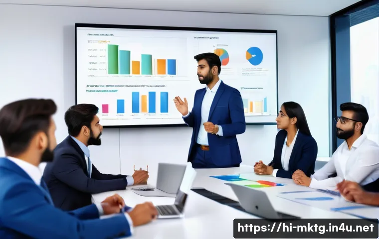 마케팅관리사 자격증 이직 활용법 - A professional Indian marketing manager in a modern office setting, confidently presenting a digital...