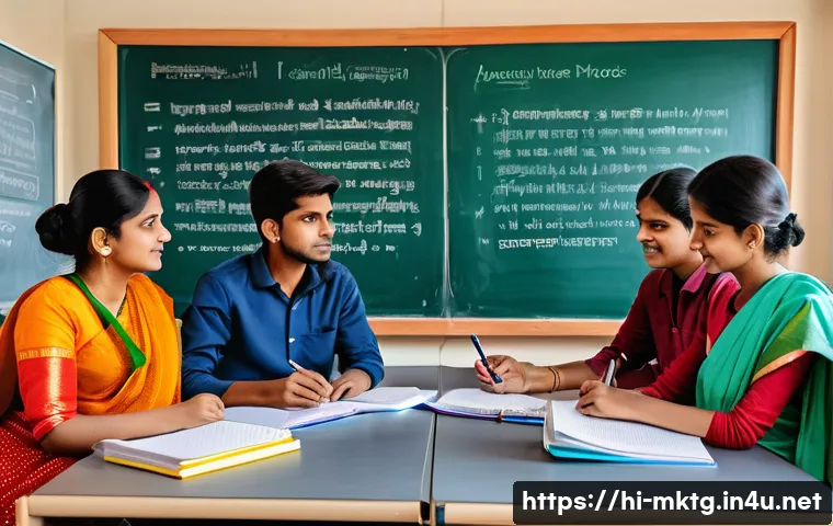 마케팅관리사 필기 시험에서 자주 틀리는 문제 - A detailed and vibrant classroom scene in an Indian school setting, showing a diverse group of atten...