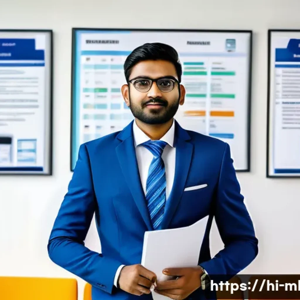 마케팅관리사 취업 준비 필수 문서 - A professional Indian marketing manager in a modern office environment, neatly dressed in formal bus...