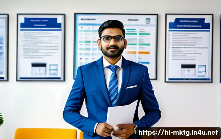 마케팅관리사 취업 준비 필수 문서 - A professional Indian marketing manager in a modern office environment, neatly dressed in formal bus...