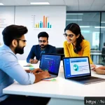 Home 22 마케팅관리사 합격 후기 - A modern office scene showing a diverse team of digital marketing professionals collaborating around...