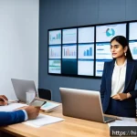 Home 20 마케팅관리사 자격증과 기업 내 경력 개발 - A dynamic office scene showing a diverse group of Indian marketing professionals collaborating on a ...