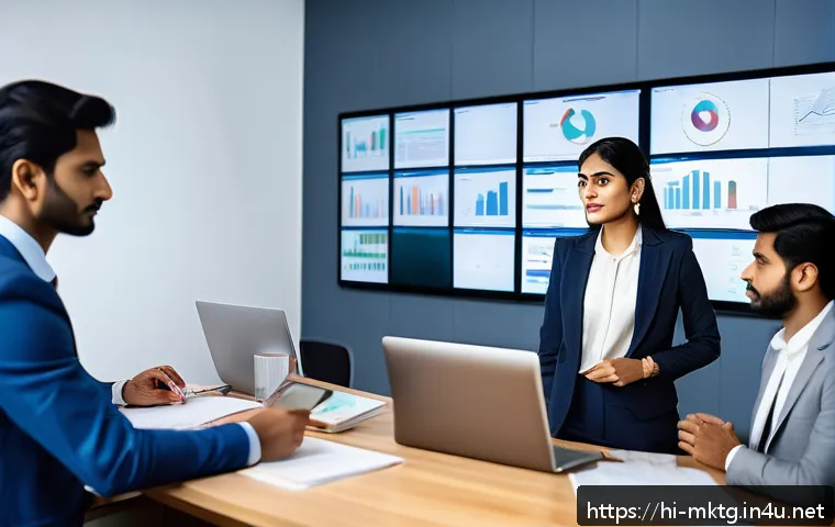 마케팅관리사 자격증과 기업 내 경력 개발 - A dynamic office scene showing a diverse group of Indian marketing professionals collaborating on a ...