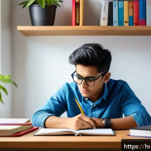 Home 31 마케팅관리사 실기 시험과 마케팅 전략 사례 - A focused Indian student sitting at a wooden study desk in a bright, modern room with natural mornin...