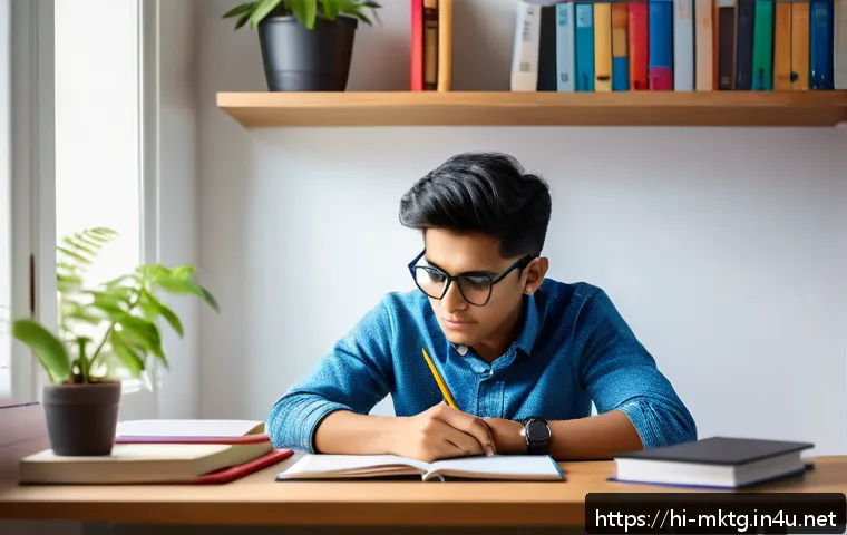 마케팅관리사 실기 시험과 마케팅 전략 사례 - A focused Indian student sitting at a wooden study desk in a bright, modern room with natural mornin...