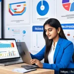 Home 23 마케팅관리사 자격증 활용 마케팅 사례 - A vibrant digital marketing workspace scene featuring a diverse Indian professional woman analyzing ...