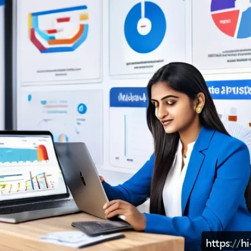 Home 17 마케팅관리사 자격증 활용 마케팅 사례 - A vibrant digital marketing workspace scene featuring a diverse Indian professional woman analyzing ...