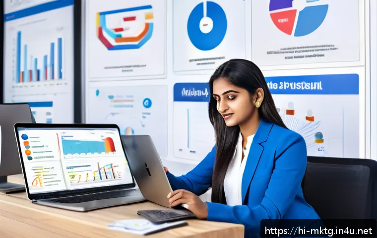 마케팅관리사 자격증 활용 마케팅 사례 - A vibrant digital marketing workspace scene featuring a diverse Indian professional woman analyzing ...