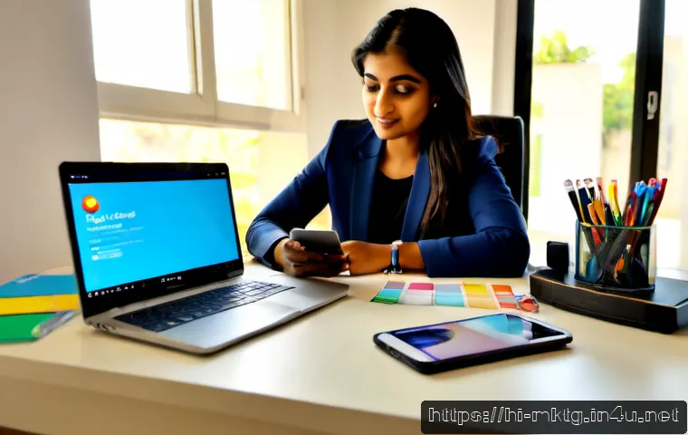 마케팅관리사 취득 후 SNS 마케팅 활용법 - Photorealistic Indian marketing professional at a bright home-office desk, confidently planning a so...
