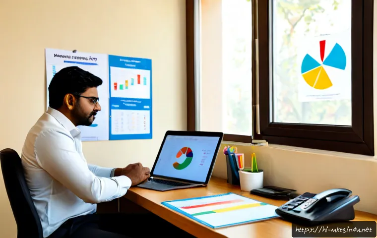 Home 17 마케팅관리사 실무에서 사용하는 마케팅 도구 - Photorealistic marketing manager workspace in a modern Indian office, an Indian professional reviewi...
