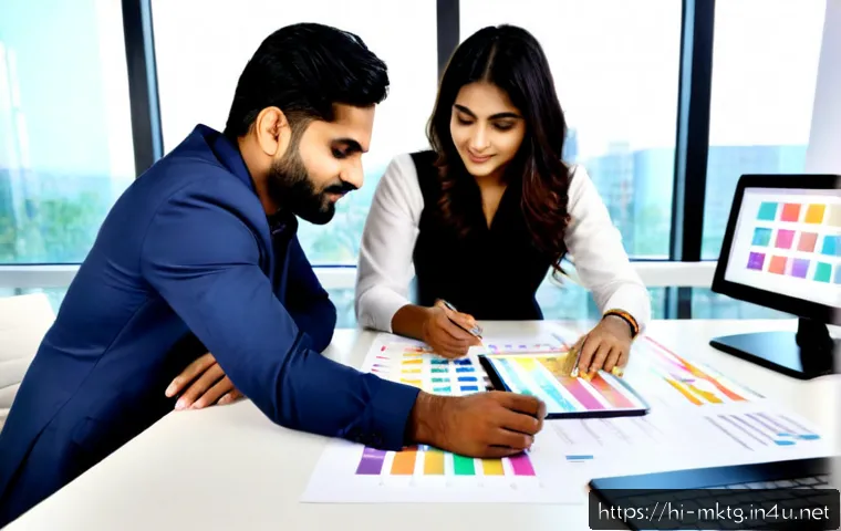 마케팅관리사와 광고 기획 업무 연관성 - Photorealistic modern Indian marketing professional and advertising planner collaborating at a brigh...