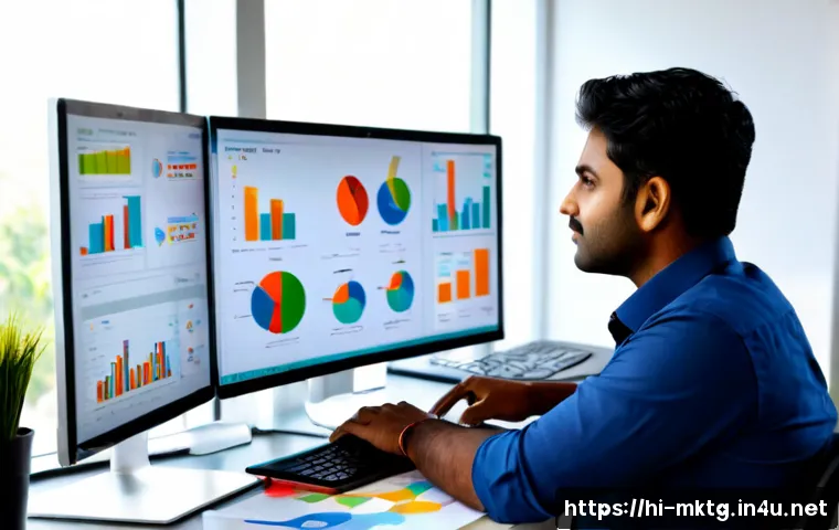 마케팅관리사와 데이터 기반 마케팅의 접목 - Photorealistic Indian marketing manager in a modern sunlit office, studying colorful data visualizat...